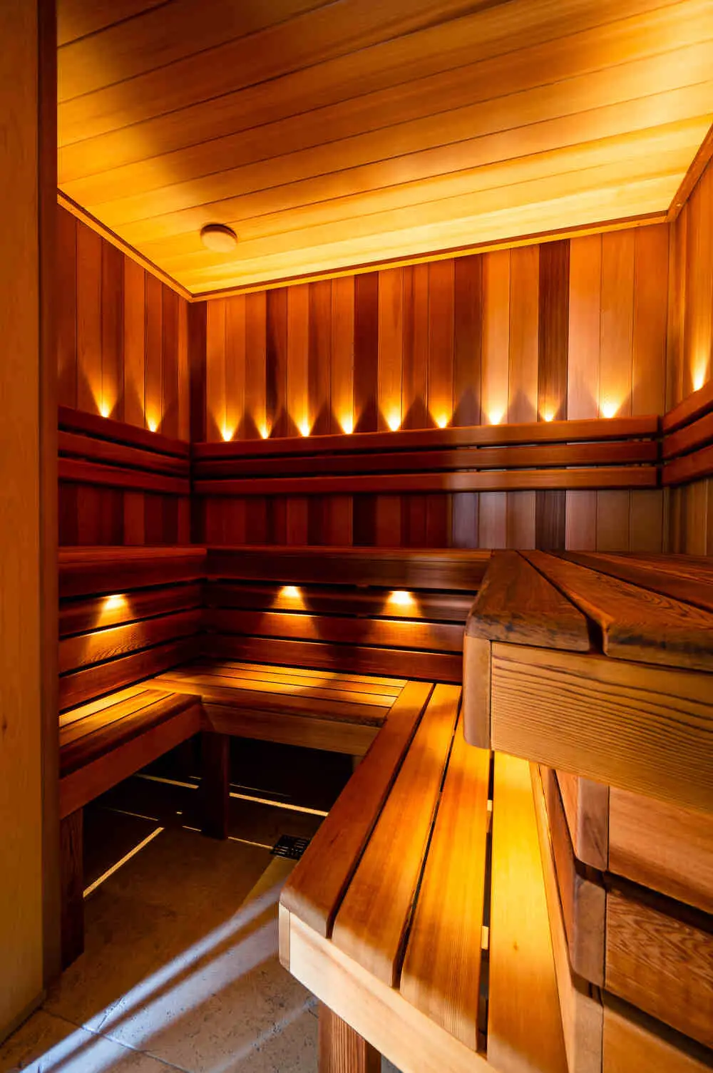 modern sauna with beautiful lighting LED lights and dark wood, The Red Canadian Cedar Finnish Sauna.