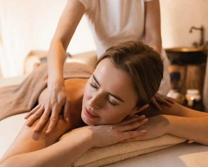 Happy woman enjoying back massage while time weekend on spa resort.